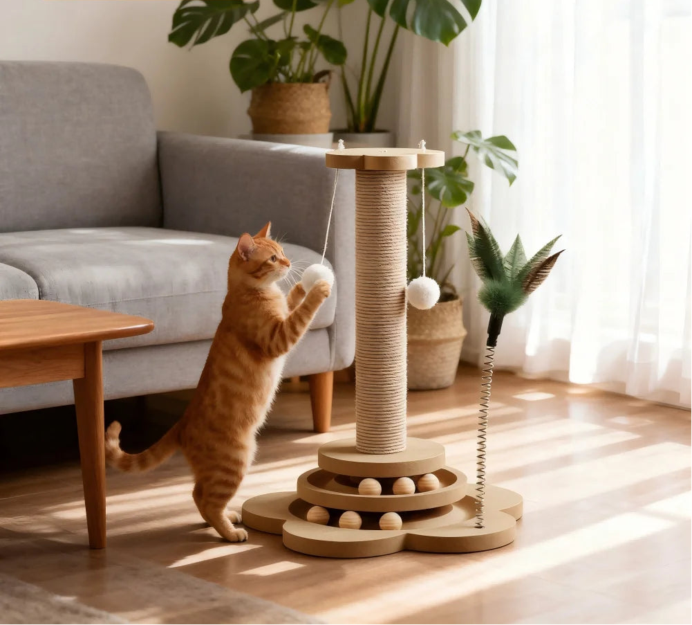 Cat playing with a scratching post in a living room.
