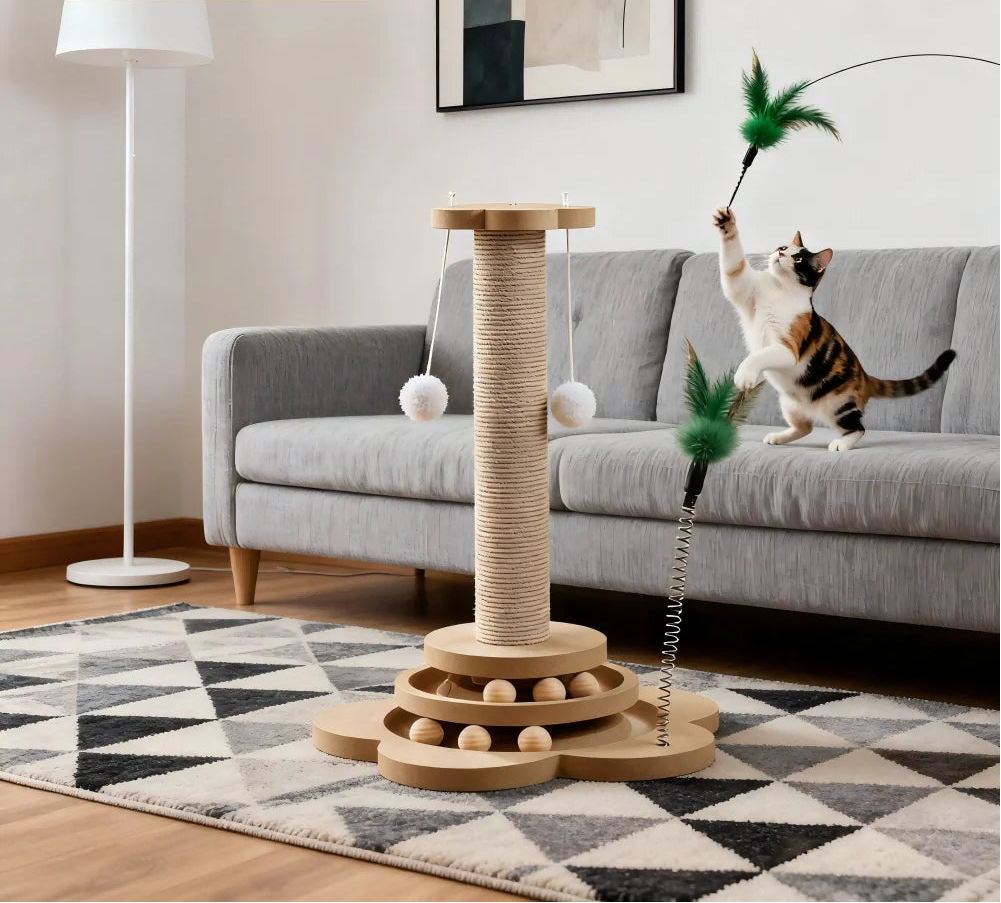 Cat playing with aHomefish cat toy on a scratching post in a living room.