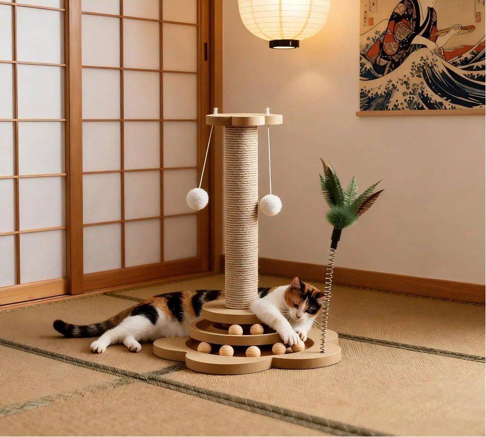 Two cats playing with a cat tree in a room with a wooden floor and a painting on the wall.