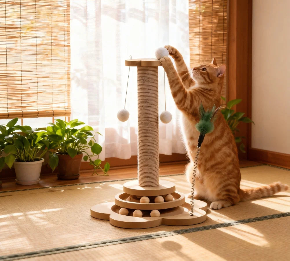 Cat playing with a scratching post in a home setting with plants and a window.