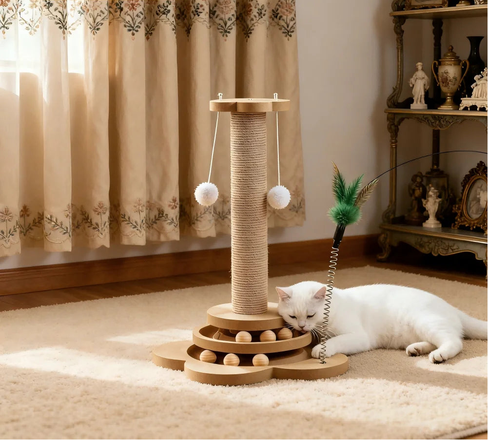 Cat playing with a wooden scratching post in a home setting.