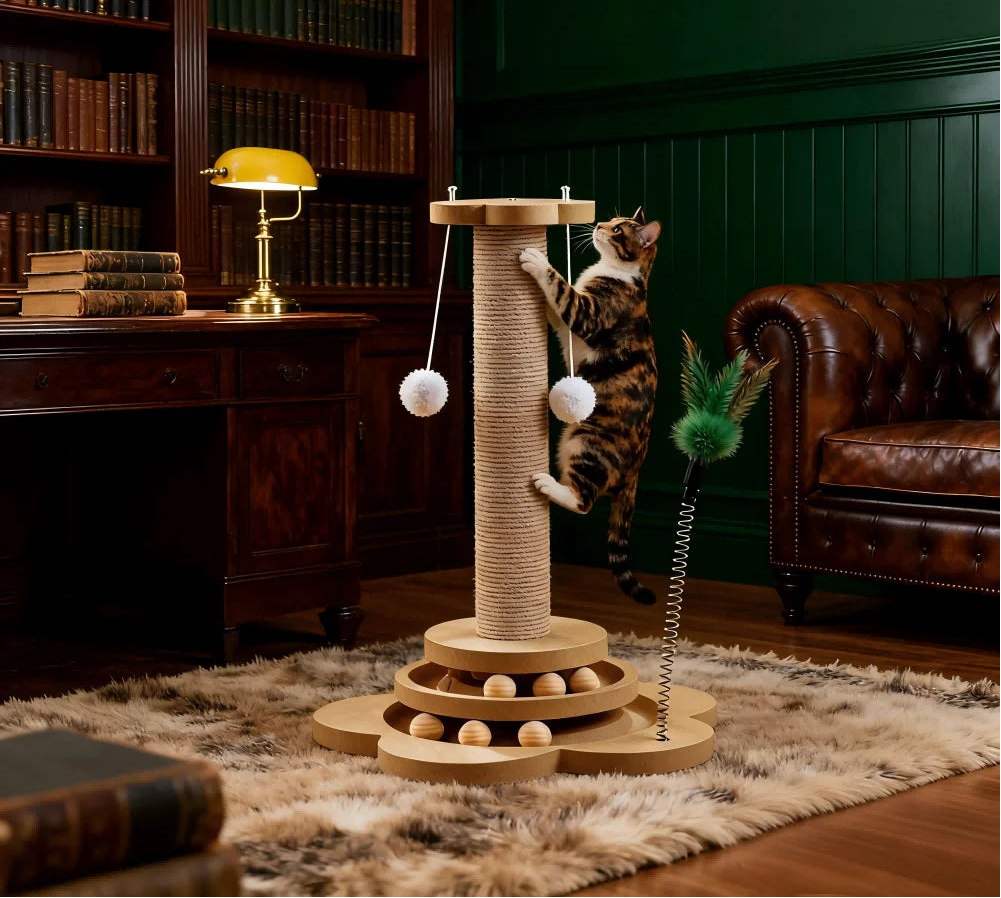 Cat playing with cat tree in a cozy living room.
